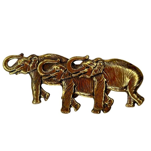 Three Goldtone Elephants Trunks Up Brooch Pin 2 5/8" - Picture 1 of 6